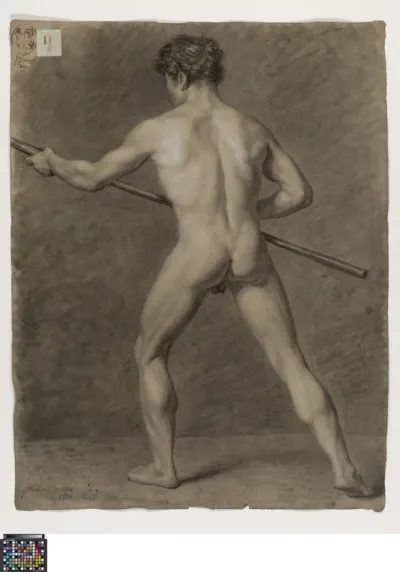 Academic life drawing study: standing male nude, seen from behind