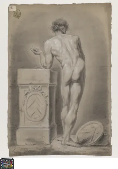 Academic life drawing study: standing male nude, seen from behind