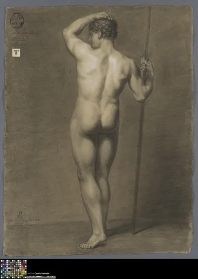 Academic life drawing study: standing male nude, seen from behind