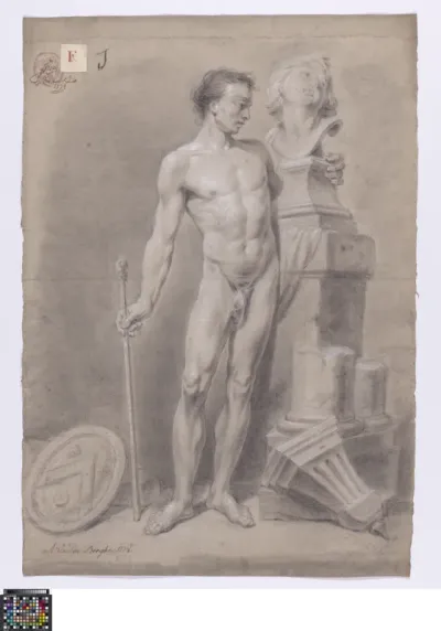 Academic life drawing study: standing male nude with bust of Proserpina and coat of arms