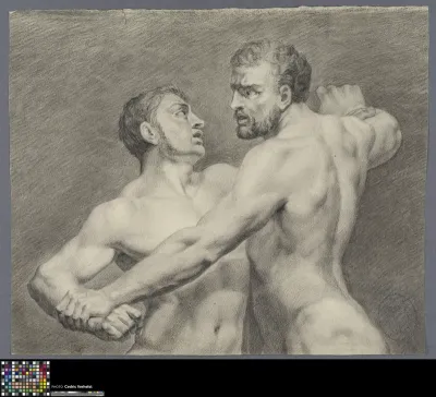 Academic life drawing study: two fighting male nudes