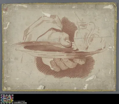 Academic print: hand holding a plate on which is a small vase