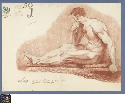 Academic study after a print: seated male nude