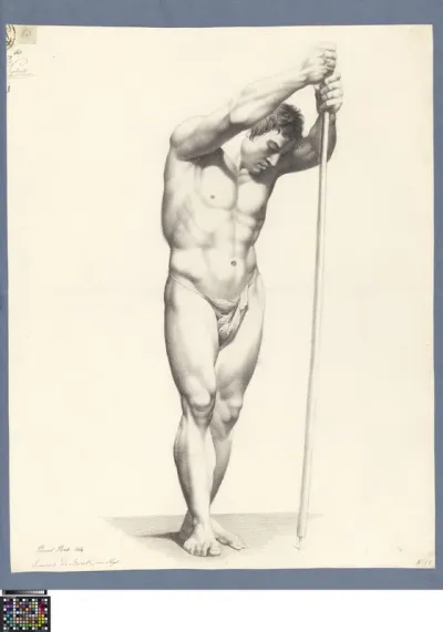 Academic study after a print: standing male nude holding a stick