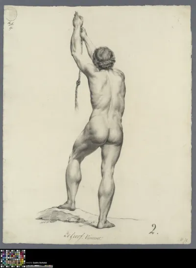 Academic study after a print: standing male nude pulling a rope, seen from behind