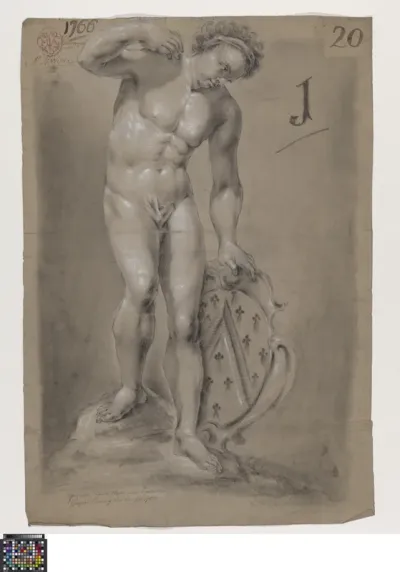 Academic study after a sculpture: standing male nude with coat of arms