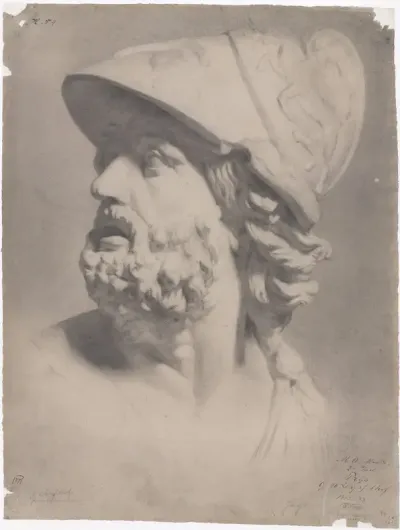 Academiestudie met Romeinse kop met helm