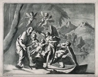 Accompanied by angels, the fugitive holy family board a barge to cross a river