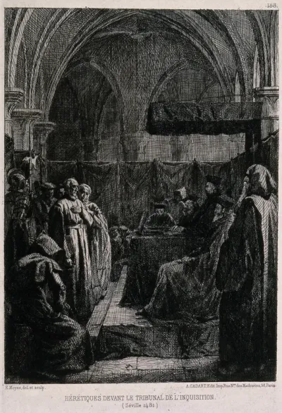 Accused heretics standing before a tribunal of the Spanish Inquisition in Sevilla