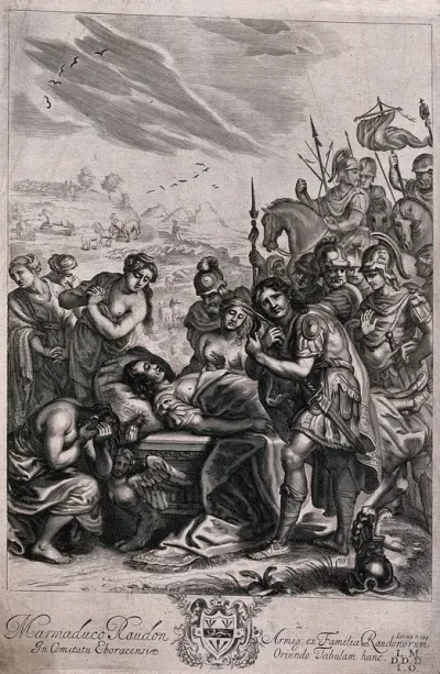 Achilles cutting off a lock of his hair in mourning over the body of Patroclus