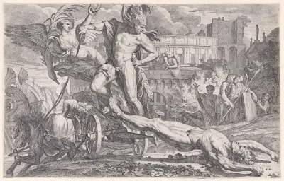 Achilles dragging the body of Hector around the walls of Troy