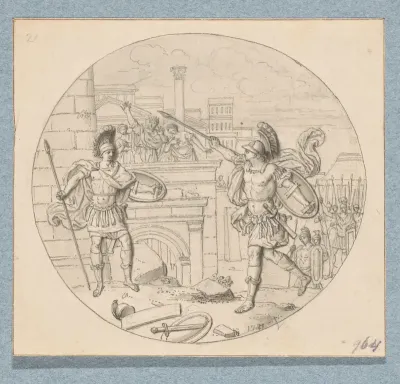 Achilles en Hector in gevecht voor de muren van Troje (in doos met 43 tekeningen)