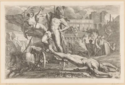 Achilles met lijk van Hector achter zijn zegewagen