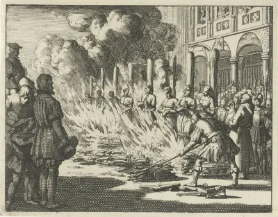 Acht dopers op de Dam voor het stadhuis op de brandstapel verbrand, 1549