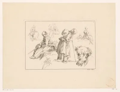 Acht figuren met in het midden een oude vrouw met wandelstok