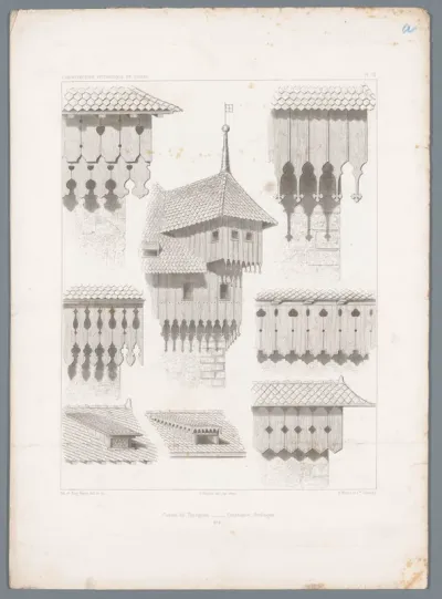 Acht gezichten op decoratieve details langs daken van een huis in het kanton Thurgau