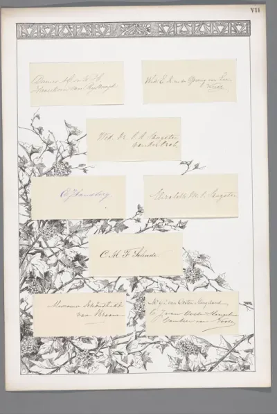Acht handtekeningen geplakt op een blad met bladeren en bloemen en decoratieve rand