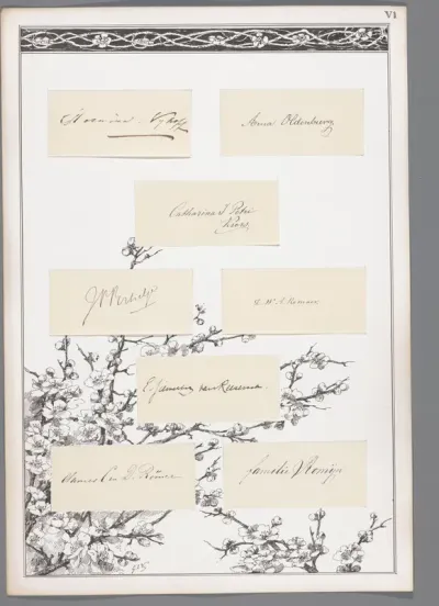 Acht handtekeningen geplakt op een blad met bloesem en decoratieve rand