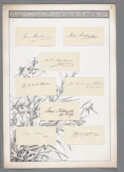 Acht handtekeningen geplakt op een blad met een plant en decoratieve rand