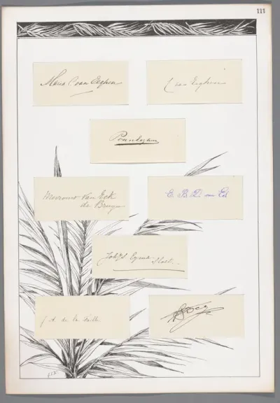 Acht handtekeningen geplakt op een blad met palmbladeren en decoratieve rand