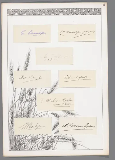 Acht handtekeningen geplakt op een blad met tarwe en decoratieve rand