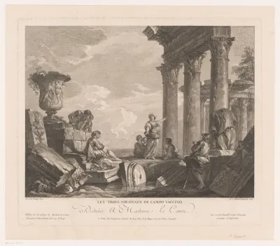 Acht mannen en vrouwen rustend tussen ruïnes