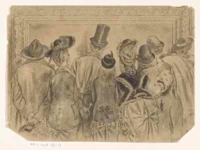 Acht mannen en vrouwen voor een winkelruit, op de rug gezien