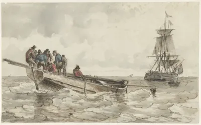 Acht mannen in een roeiboot bij een zeilschip