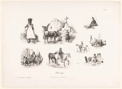 Acht voorstellingen van mensen en dieren in een landelijke omgeving