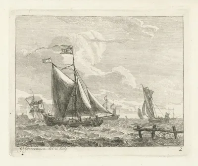 Acht zeilschepen op ruig water