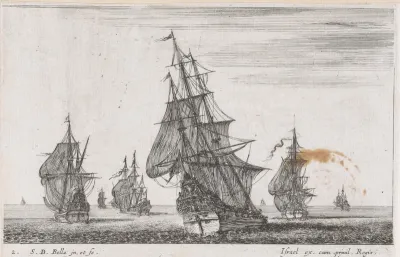 Acht zeilschepen op zee, van achteren gezien