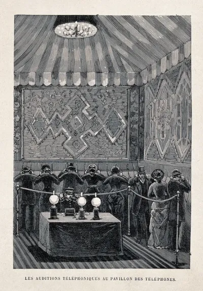 Acoustics: a telephonic demonstration at an exhibition (in Paris?)