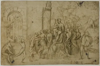 Acrobats Performing Before a Ruler (recto); Outdoor Scene with Group of Figures (verso)