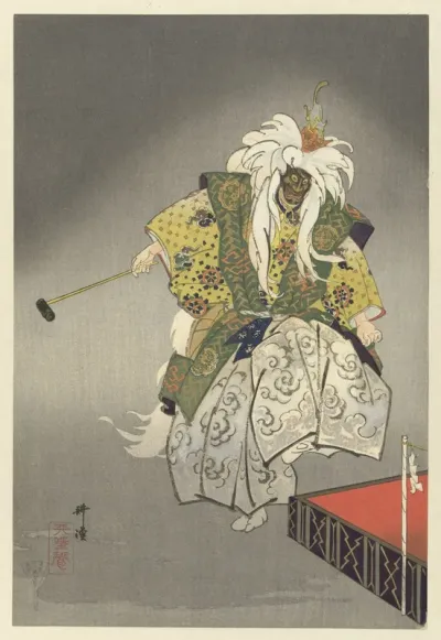 Acteurs in het Noh theaterstuk Kokaji