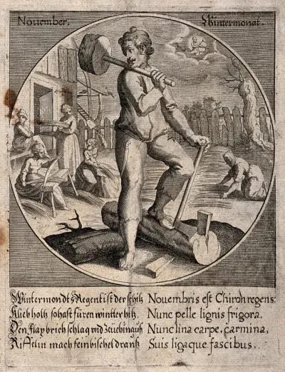 Activities for November: a man cuts up wood with an axe, wedges and a mallet, while women gather and process flax