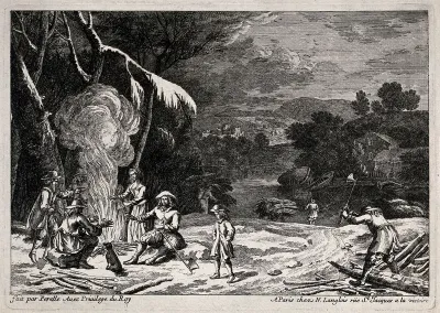 Activities of winter: a man is chopping wood and others are warming themselves at a bonfire on a river bank