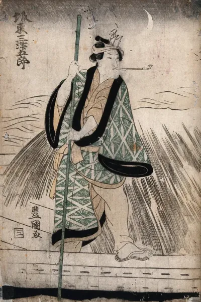 Actor Bandō Mitsugorō III as a boatman punting on a snowy night