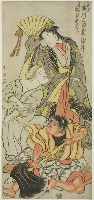 Actor Ichikawa Komazô III as Nyosan no Miya (The Third Princess), Ukare Zatô (A Blind Street Performer), and Sakata no Kaidô-maru in “Expanded Summer Festival” (“Zôho natsu matsuri”)