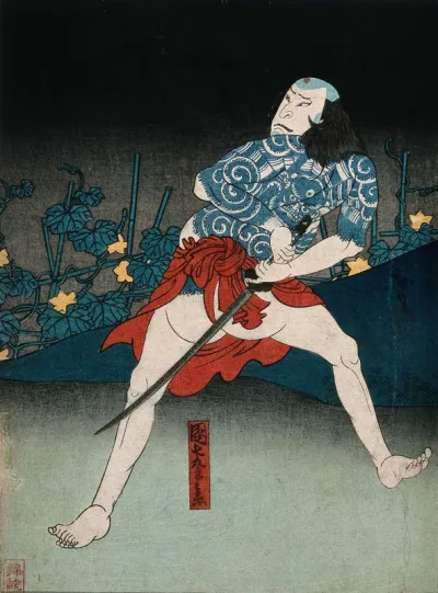 Actor Nakamura Shikan IV as Danshichi Kurōbei having just disposed of the corpse of his victim down a well; the character is about to escape by joining a passing festival procession