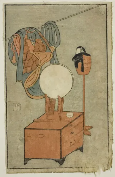 Actor's dressing table, from "A Picture Book of Stage Fans (Ehon butai ogi)"