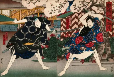 Actors fighting under a cherry tree