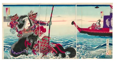 Actors Ichikawa Danjuro IX as Nasu no Yoichi Munetaka and Nakamura Fukusuke IV as Tamamushi Gozen