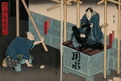 Actors in a confrontation amid scaffolding