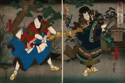 Actors in a confrontation in a garden at night