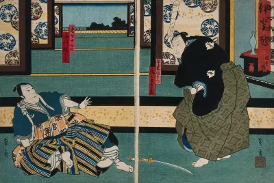 Actors in a confrontation in a large chamber