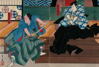 Actors in a confrontation on a verandah