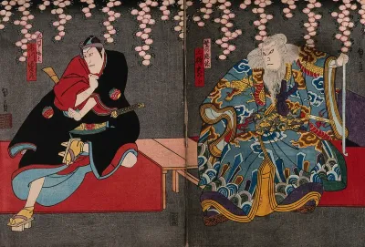 Actors in a confrontation under cherry blossom