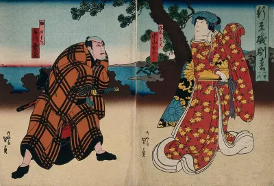 Actors in a confrontation with a lake behind