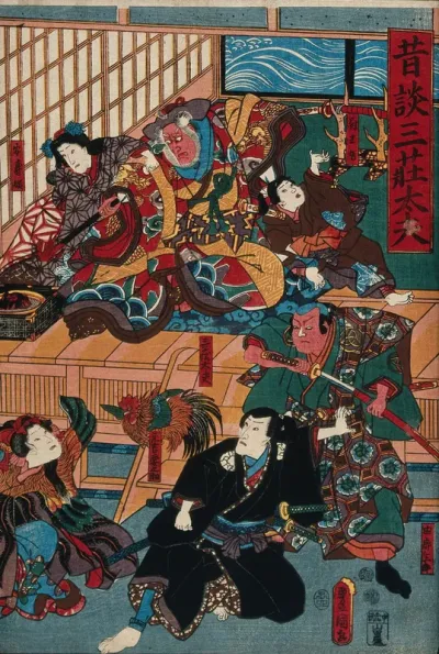 Actors in a confrontational scene, in which the villain (Ichikawa Danjūrō VII) threatens a boy with a heated poker