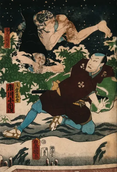 Actors in conflict in the snow: Ichikawa Kodanji as the hero Asakura Tōgo, has thrown a ruffian assailant